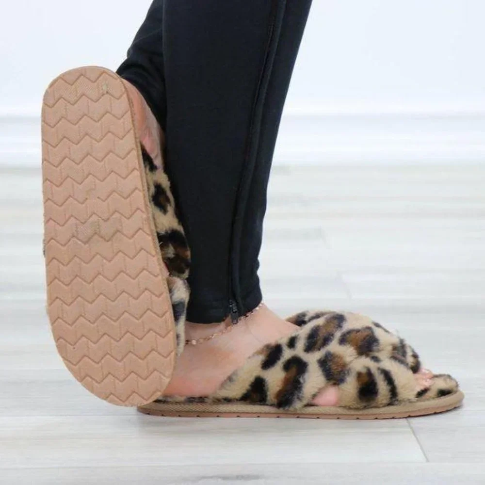 Leopard  Fuzzy Furry Criss Cross Sandal Sliders - Picture 6 of 14